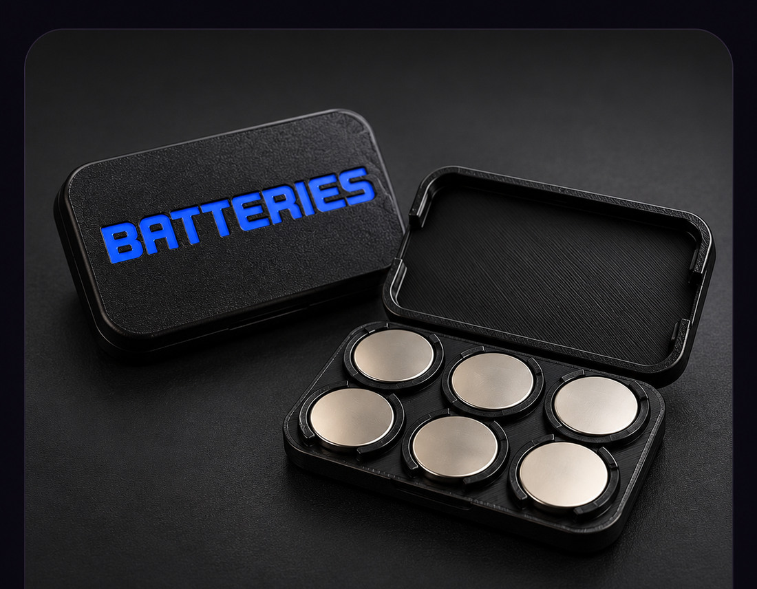 Custom battery storage case and six included batteries