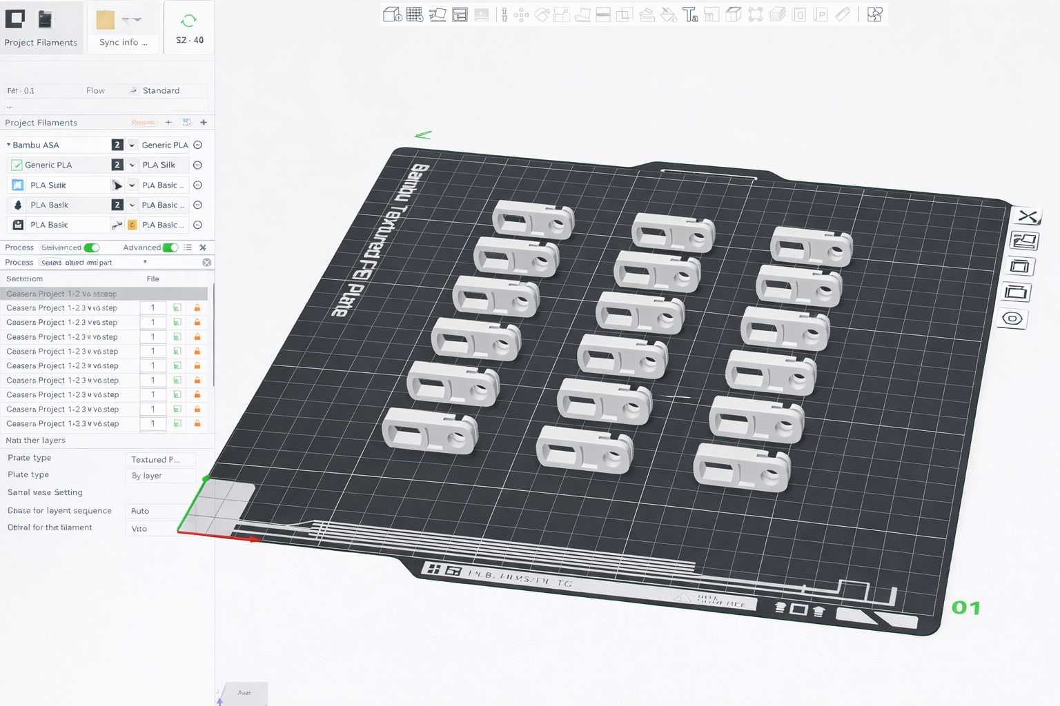 Caesars Palace actuator links arranged on 3D printer build plate in slicer software