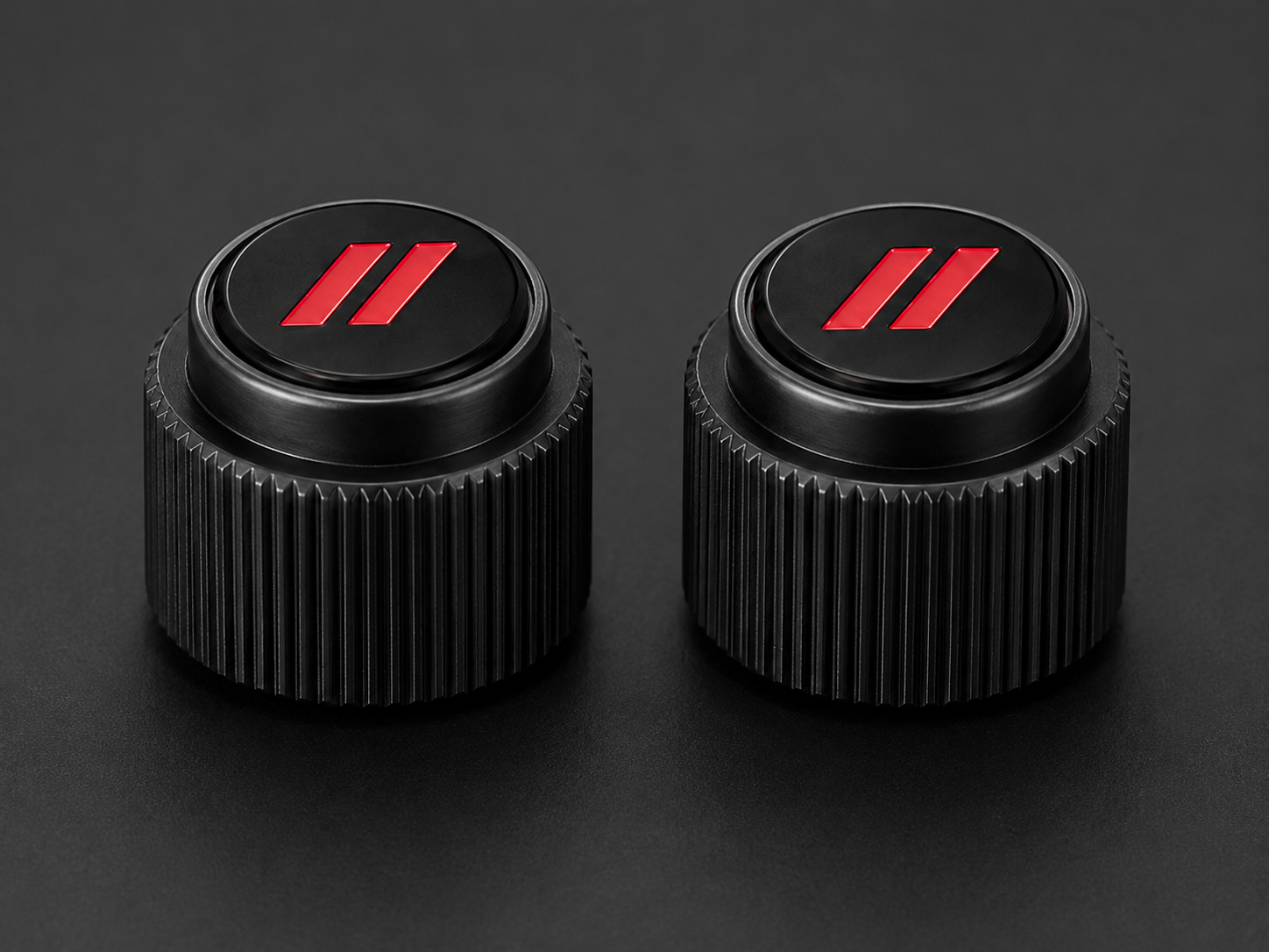 Pair of custom Dodge Charger radio knobs with raised red double-dash lenses