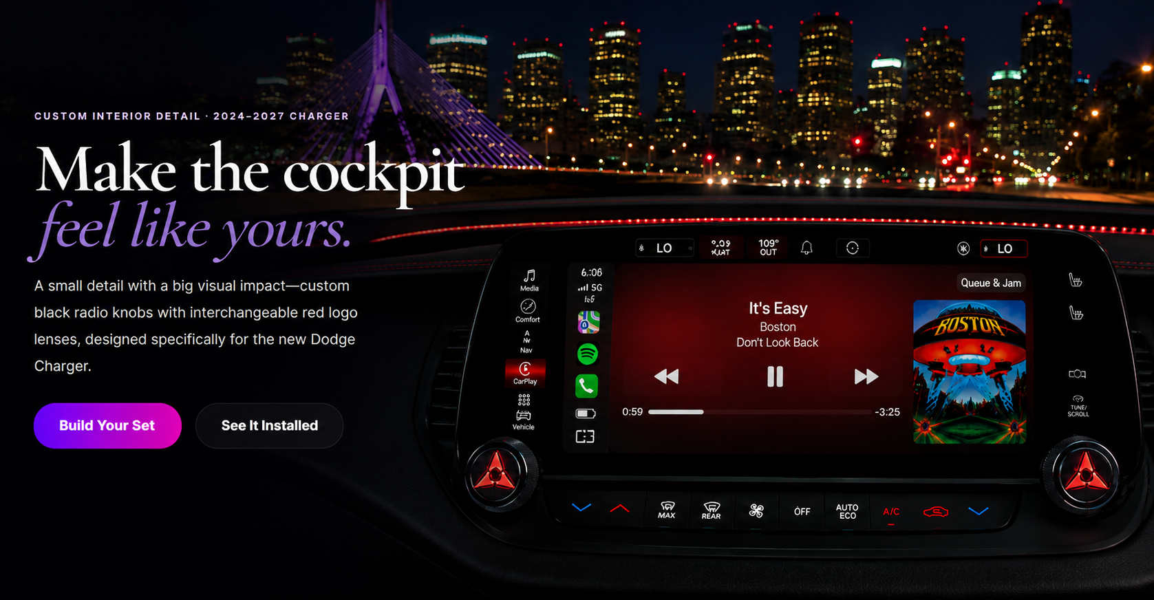 2024–2027 Dodge Charger cockpit with illuminated Fratzog radio knobs, Boston playing on the center screen, and a nighttime city view