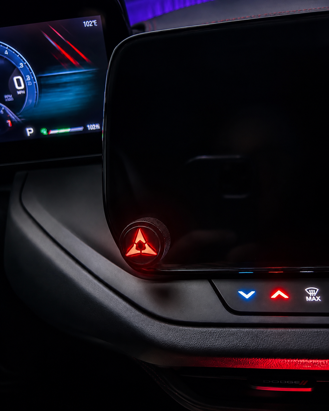 Custom red Fratzog radio knob installed in a Dodge Charger